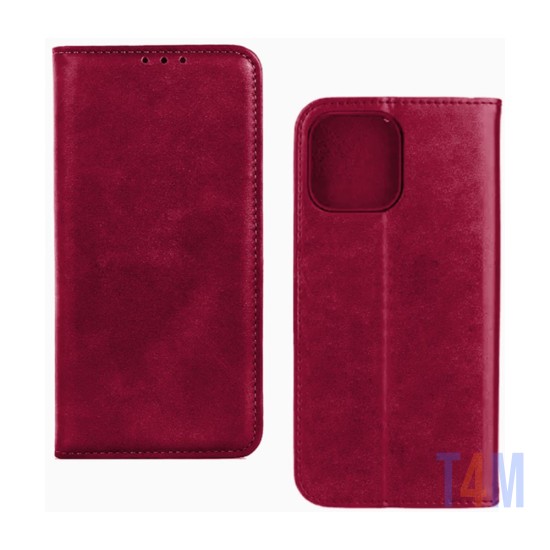 Funda Abatible de Cuero con Bolsillo Interno para Apple iPhone 15 Plus Rojo